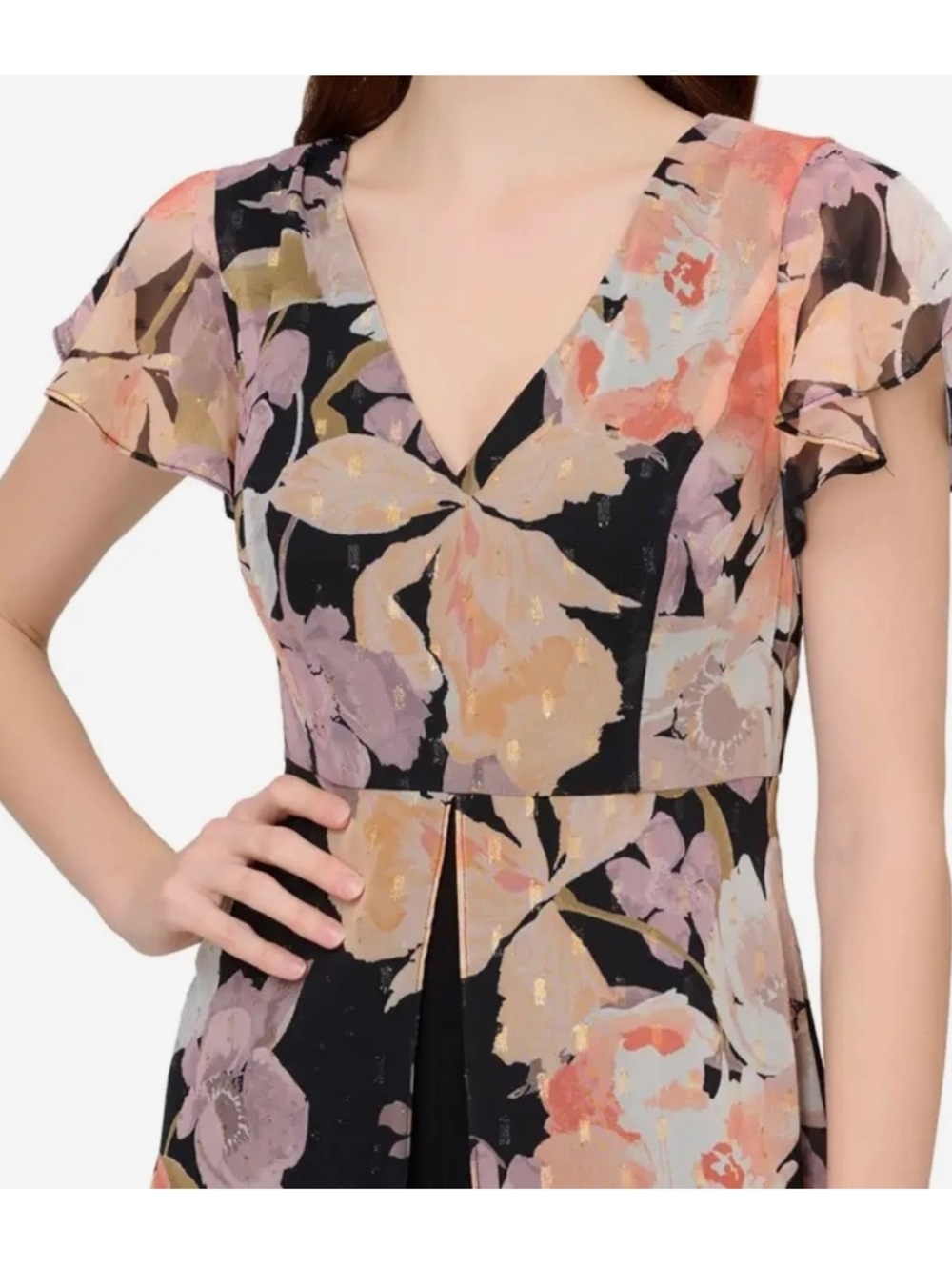 Adrianna Papell Floral Chiffon Printed V-Neck Jumpsuit - Picture 6 of 7